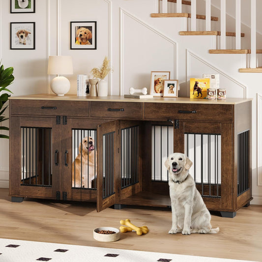 71 in Dog Crate Furniture for 2 Rooms, Wooden Double Crate Large Breed with Door, Dog Kennel Indoor, TV Stand End Table with Divider for Large Medium Dogs,Grey