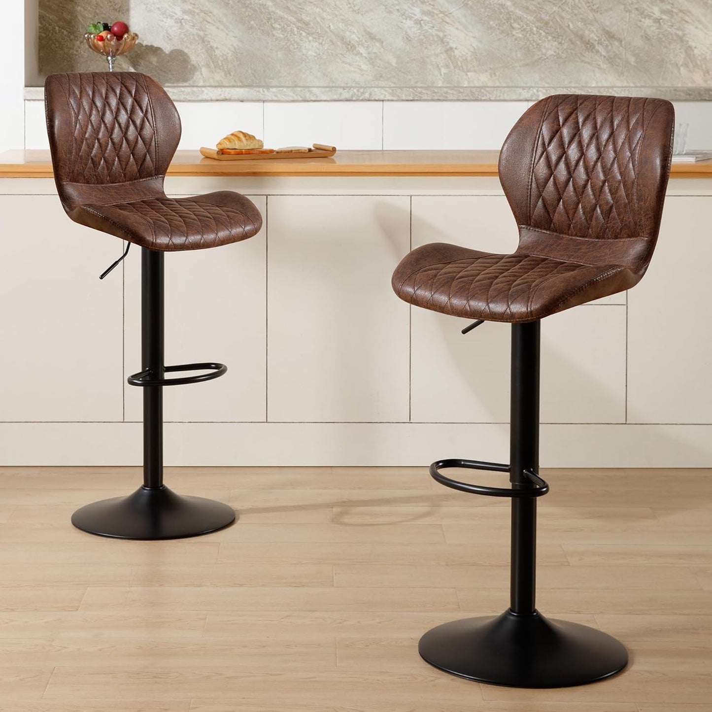 Bar Stools Set of 2, Modern Swivel Counter Height Barstools for Kitchen Island Chairs, Adjustable Faux Leather Bar Stools with Back for Kitchen Counter Bar, Brown