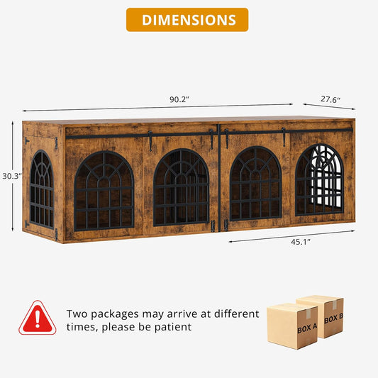 90.2" Double Room Dog Crate Furniture with Sliding Doors– Heavy Duty Wooden Dog Kennel with Hinged Divider, TV Stand & End Table for Large to Medium Dogs, Brown (Brown)