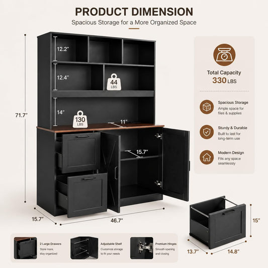 72'' Tall Bookshelf with Power Outlet, 2 Drawer File Cabinet for A4 Hanging Files, 3-Tier Open Shelves & Closed Storage Cabinets, Multifunctional Printer Stand - Black