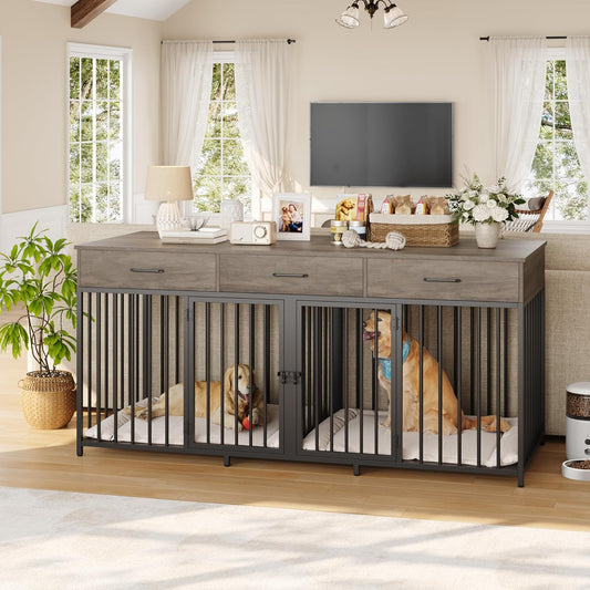 Double Dog Crates Furniture, 71" Wide Indoor Dog Kennel with 3 Drawers, Farmhouse Dog Cage for 2 Large/Medium Dogs, Heavy Duty Dog Crate with Removable Divider, Wooden Pet House, Ash Grey