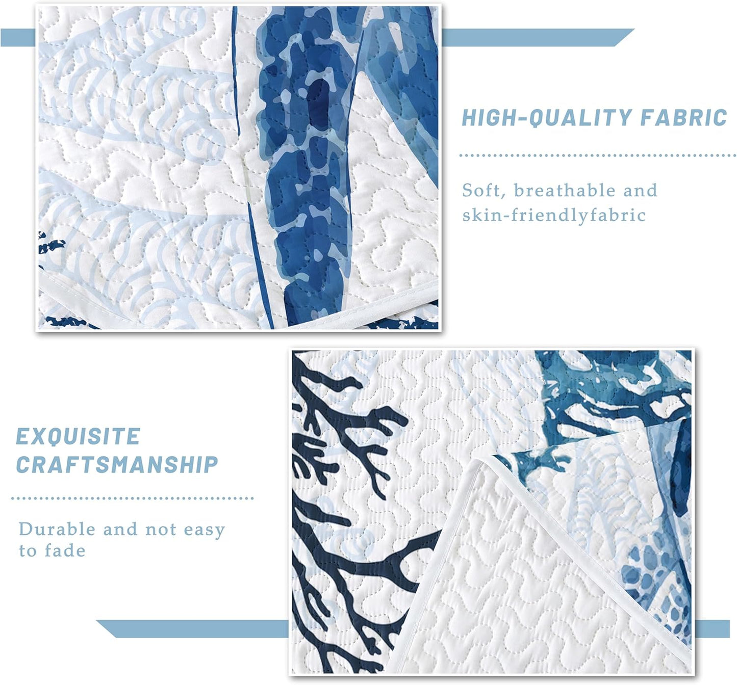 Coastal Bedding King Size Coastal Quilt with 2 Shams, Nautical Beach Comforter Sets Ocean Bedspreads Blue Seaturtle Coverlet Summer Bedding, 96''X106''