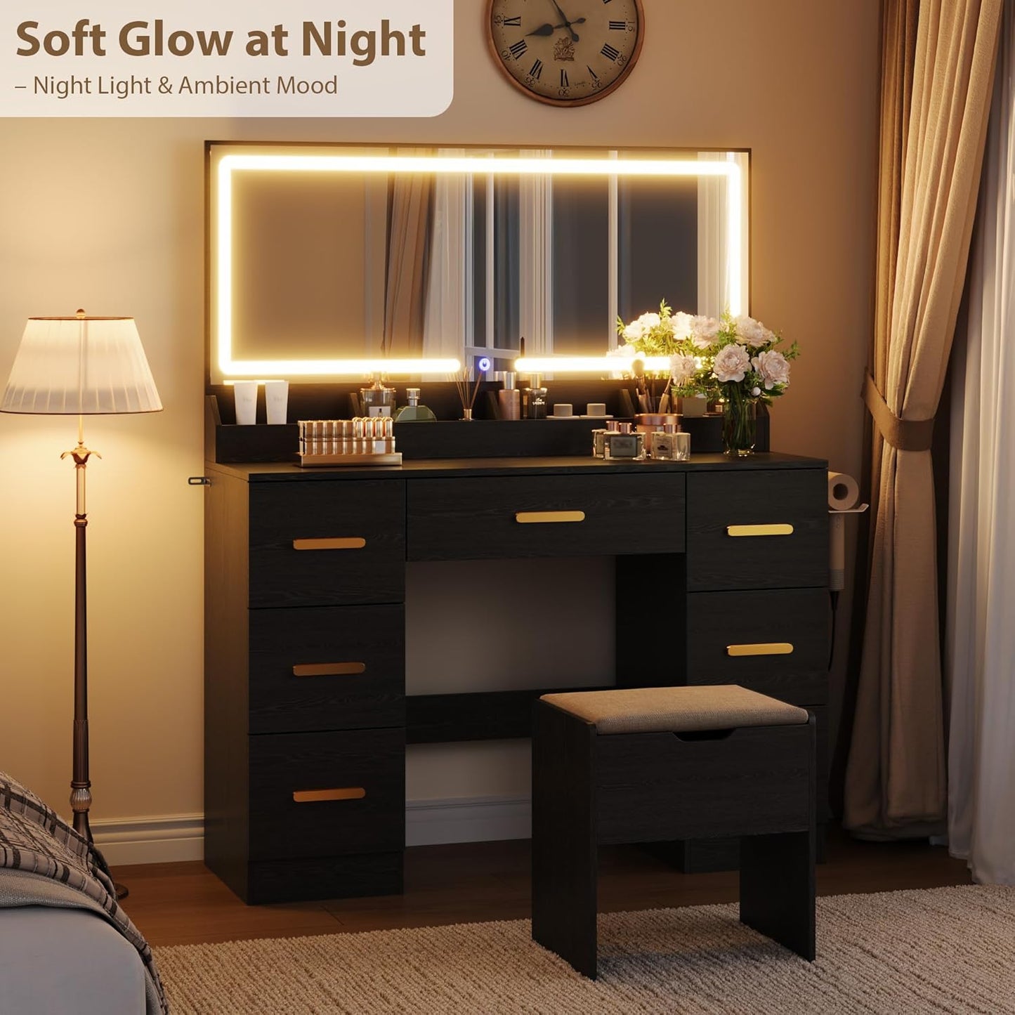 Vanity Desk with Large Mirror and Lights, 45.9In Makeup Vanity Desk, 3 Lighting Modes Adjustable Brightness, Vanity Table with Power Outlet &8 Drawers, for Powder Room and Bedroom