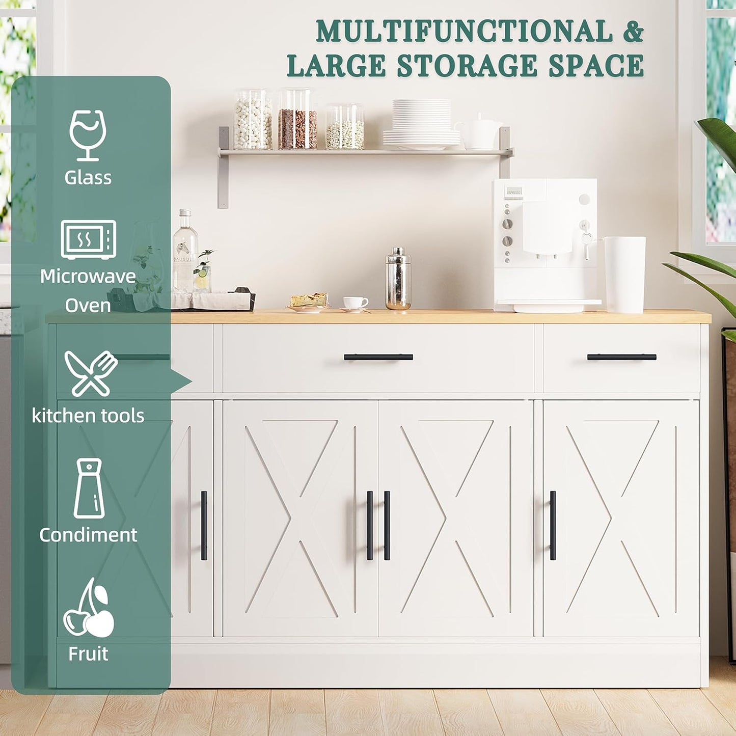 Buffet Cabinet with Storage,53.4" Large Kitchen Storage Cabinet with 3 Drawers and 4 Doors,Wood Farmhouse Buffet Sideboard with Adjustable Shelf for Kitchen Living Room