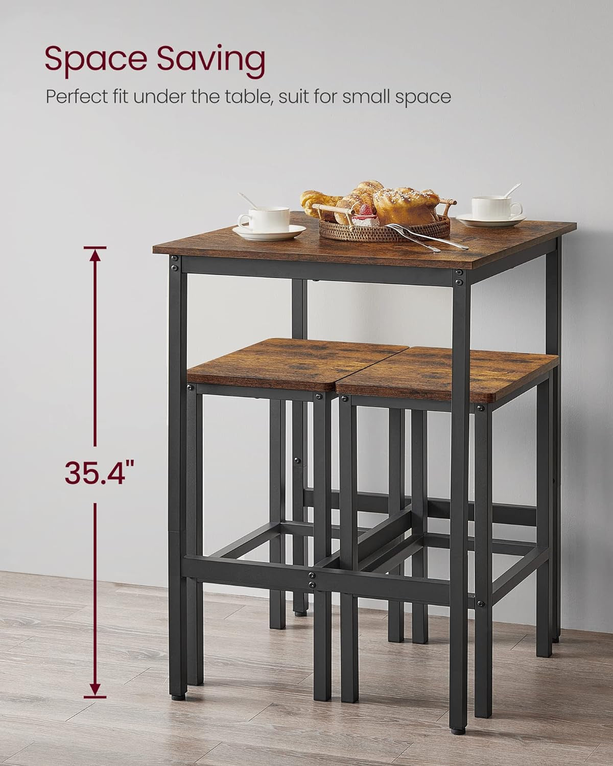 Bar Table and Chairs Set, Square Table with 2 Stools, Dining Pub Set for 2, Space Saving for Kitchen Breakfast, Living Room, Party Room, Rustic Brown and Ink Black
