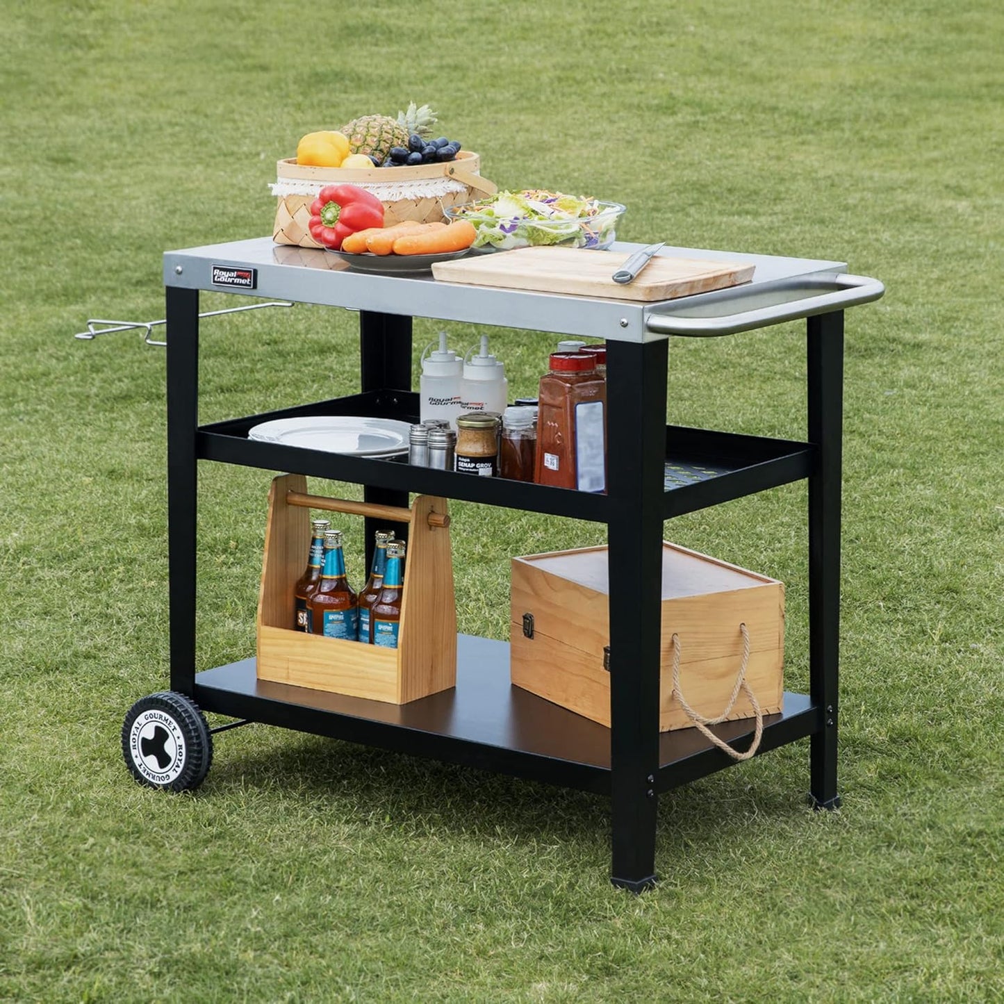 PC3404S Rolling Dining Table with Trash Bag Holder, Outdoor Garden Patio BBQ Kitchen Food Prep Table Cart, 34"L X 20"W Stainless Steel Tabletop, Silver & Black