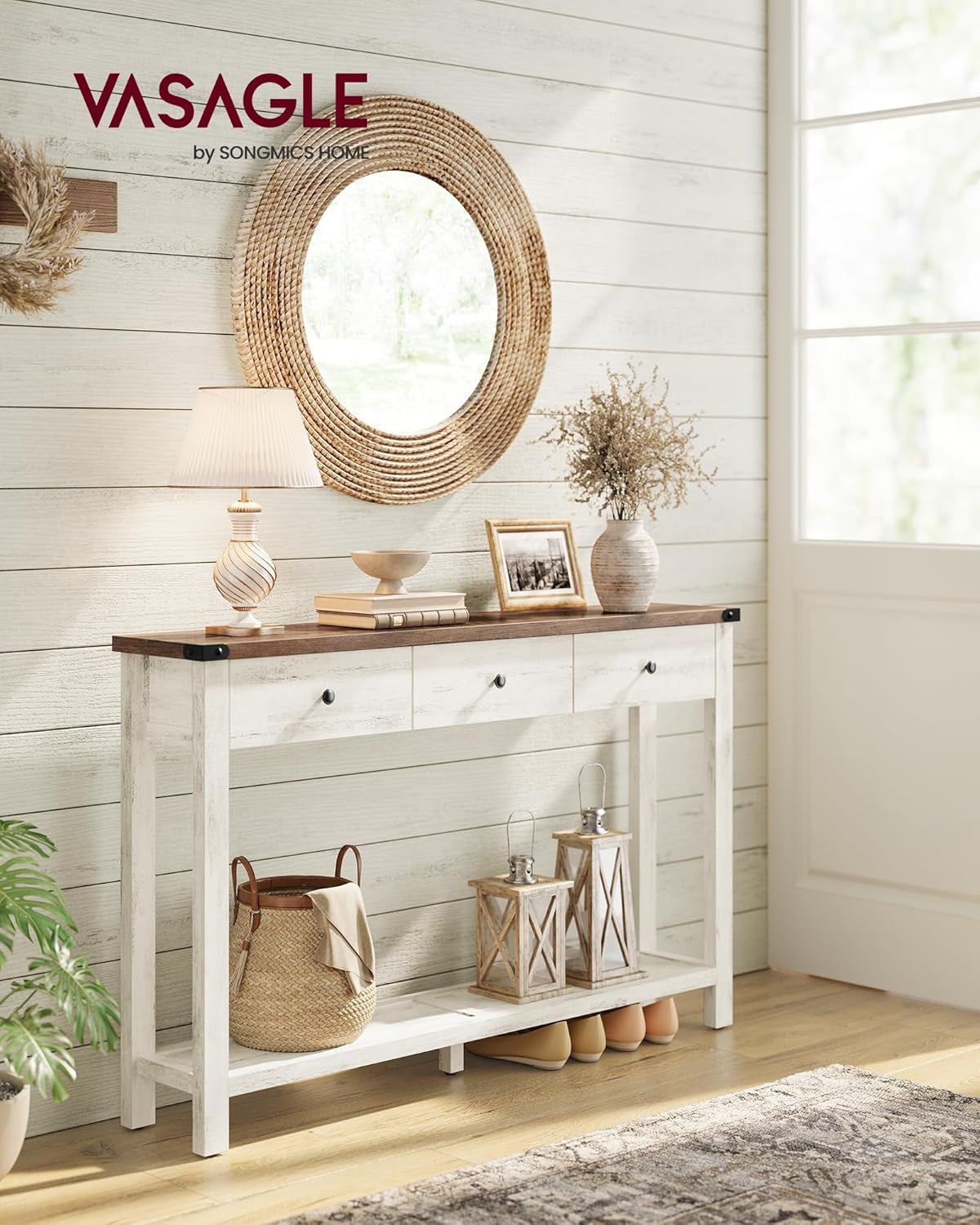 Console Sofa Table, Narrow Entryway Table with 3 Drawers, Open Storage Shelf, Metal Corners, for Living Room, Farmhouse Style, Honey Brown and Rustic White ULNT142W73