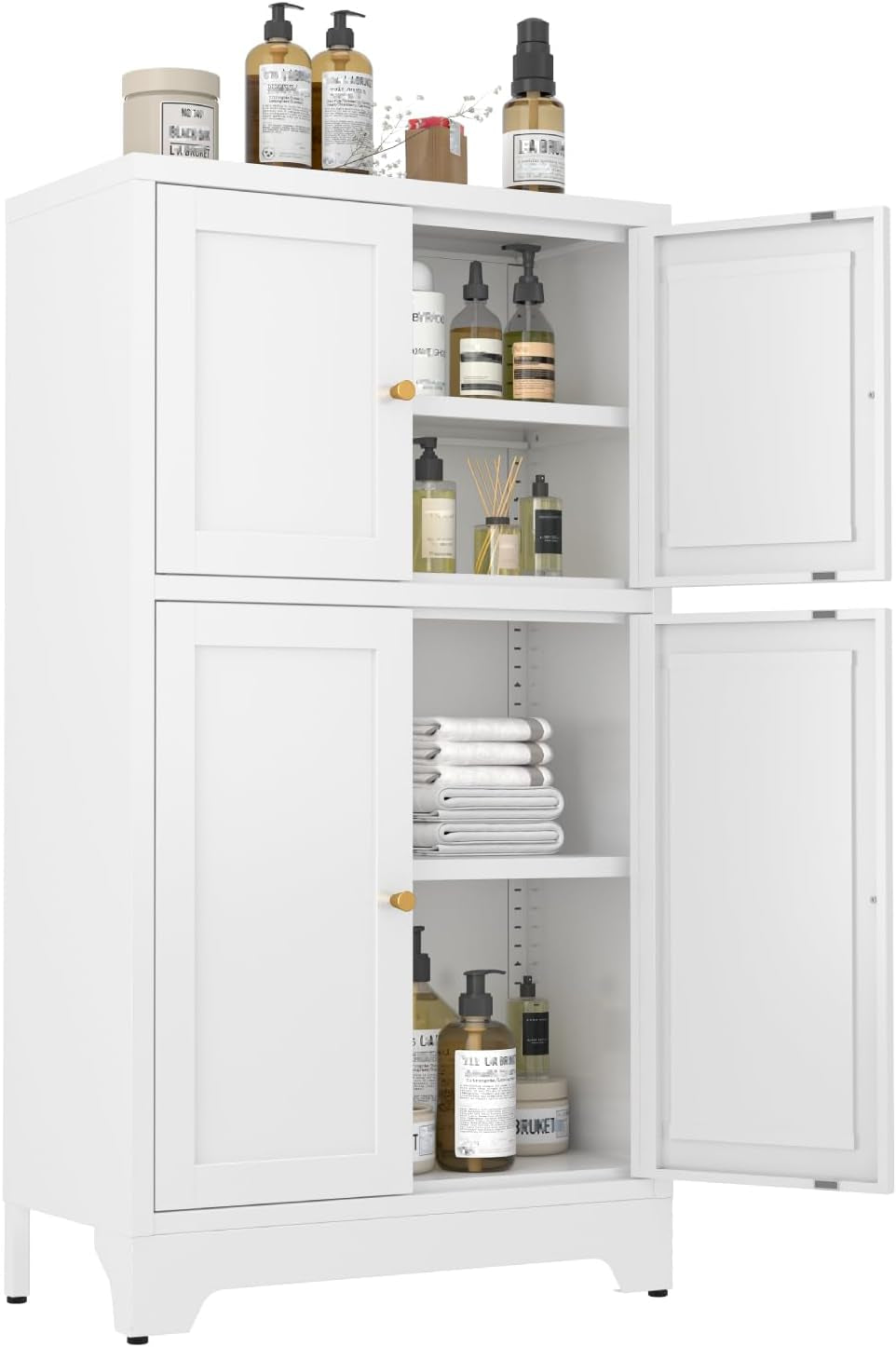 Metal Bathroom Storage Cabinet, Freestanding Pantry Floor Cabinet with 4 Doors and 2 Adjustable Shelves for Living Room, Dining Room, Kitchen (White, 43.3" H-4 Doors)