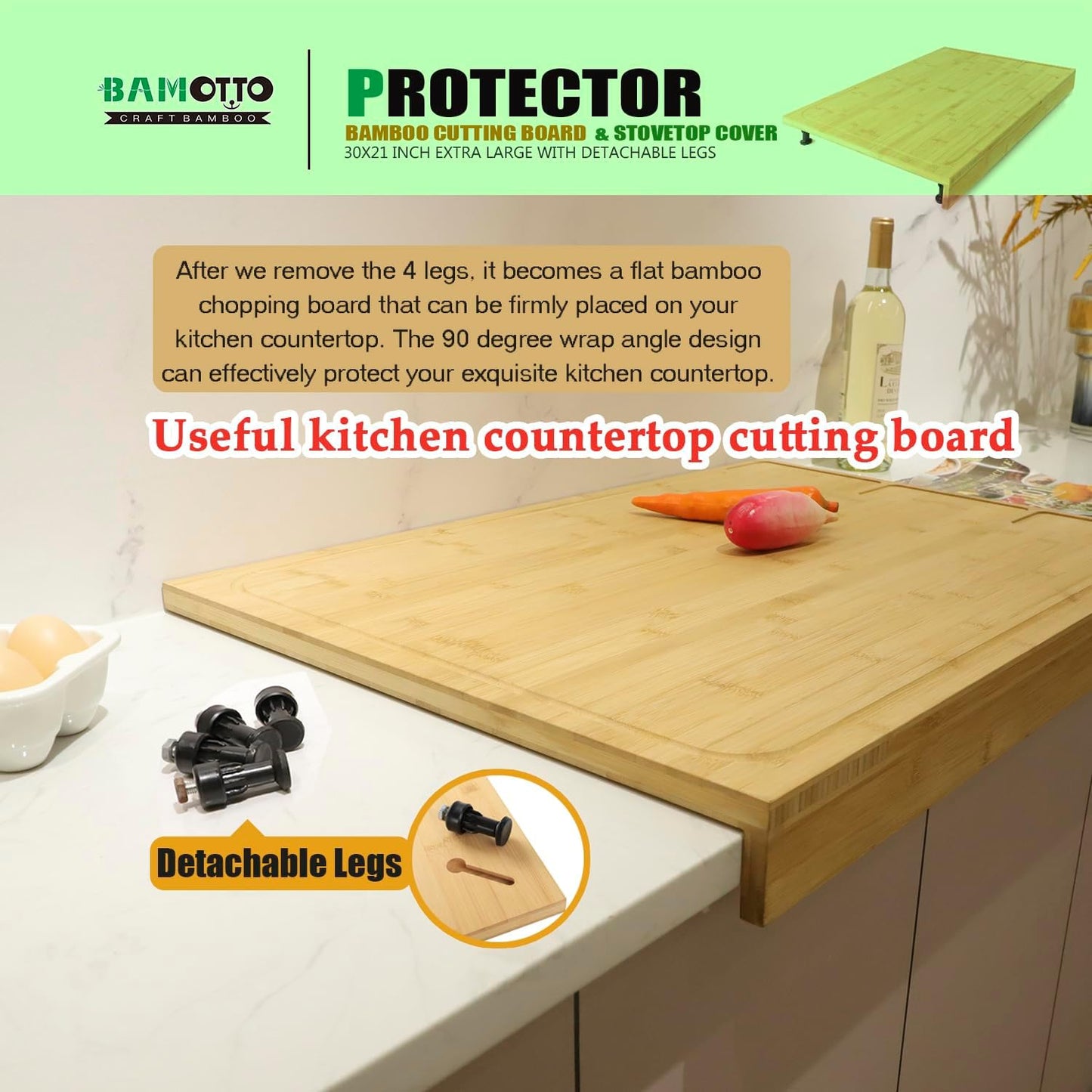30 X 21 in Extra Large Bamboo Cutting Board and Stovetop Cover, Stove Top Cover Chopping Board with Detachable Legs and Juice Groove, Sink Cover Board, for Restaurant Kitchen Countertop