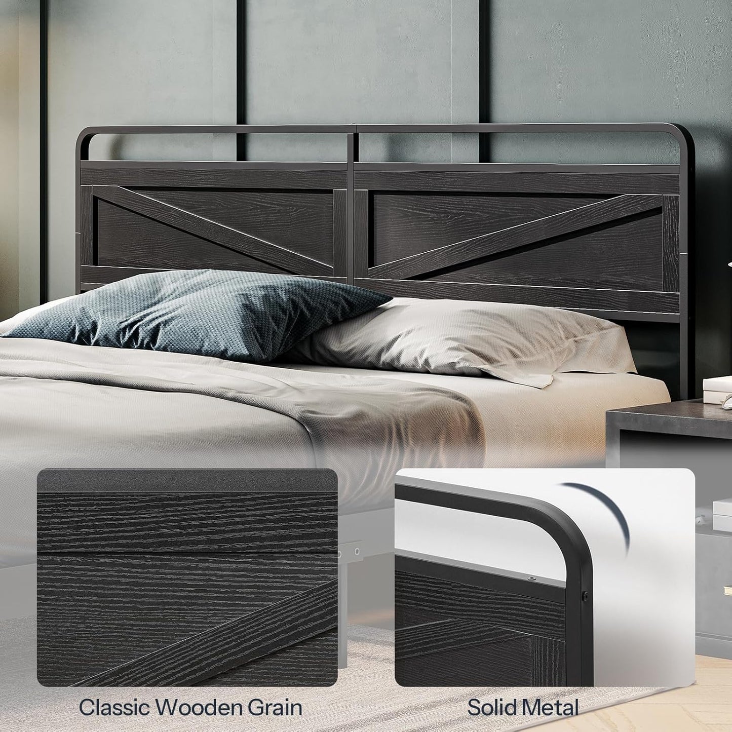 Wooden Panel Headboard, King Headboard, Minimalist Head Board with Metal Frame, Height Adjustable, with Bed Frame Adapter, Black