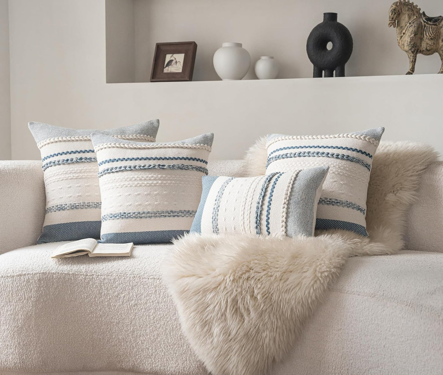 Boho Throw Pillow Covers 18X18 Inch Set of 2, Blue Textured Decorative Couch Pillow Cases for Farmhouse Home Decor, Accent Cushion Cover for Sofa, Bed, Living Room, Bedroom