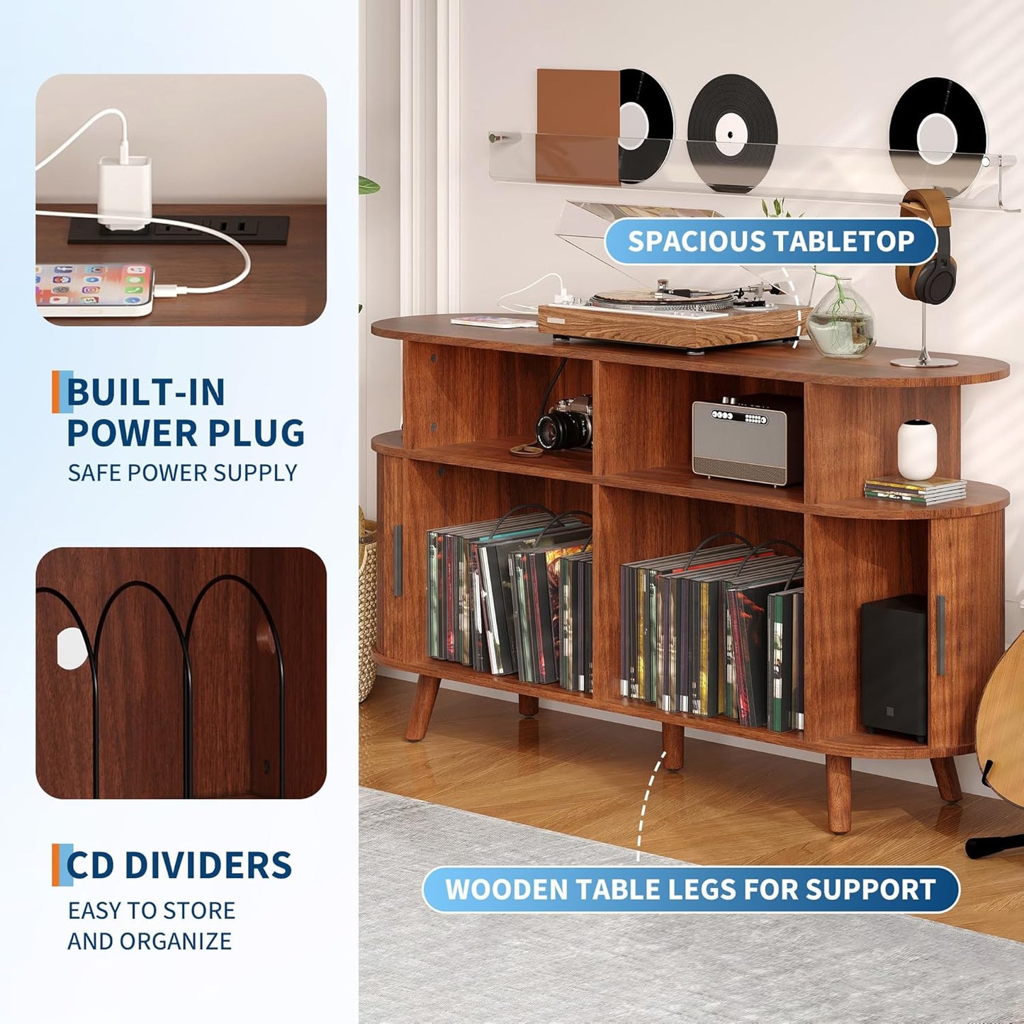 55" Large Record Player Stand with Vinyl Storage – round Mid-Century Record Player Table Rustic Turntable Stand with Open Display Shelves, Charging Station, Media Cabinet for Office & Home
