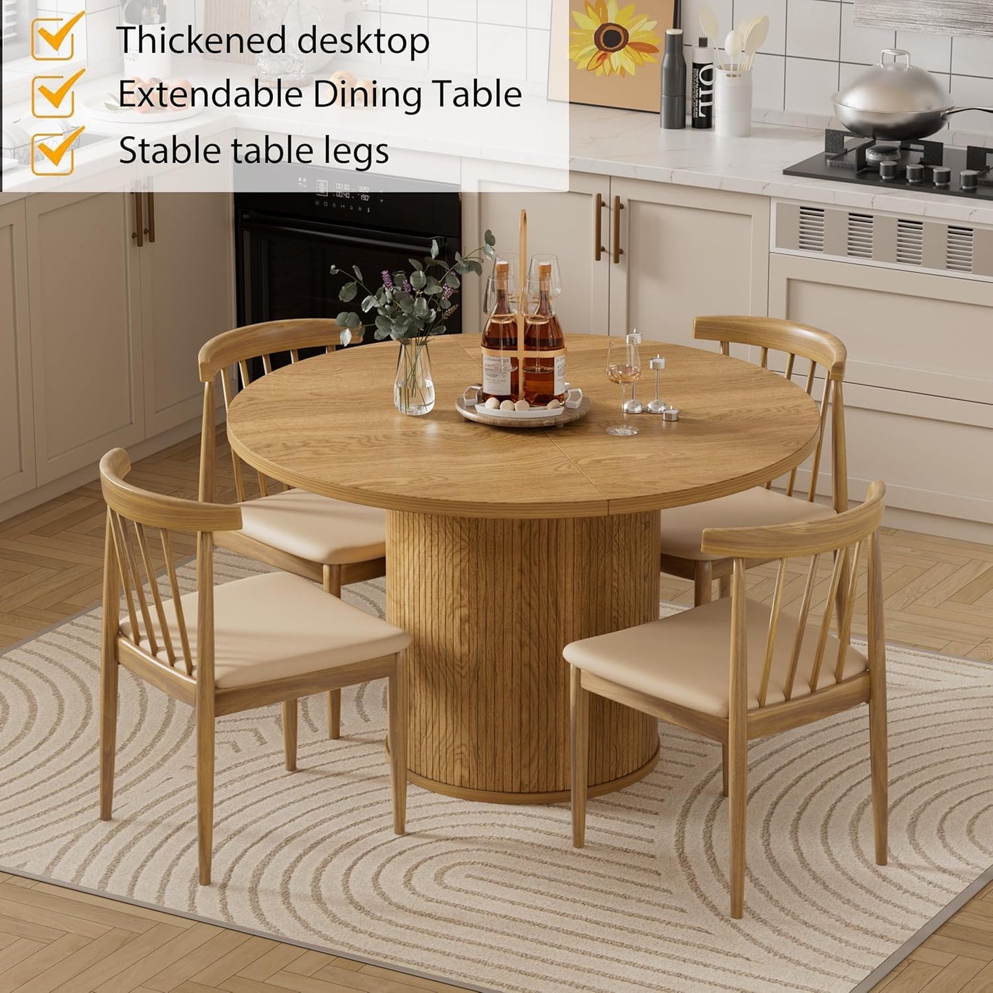 43.3''-59'' Extendable round Dining Table for 4, Modern Farmhouse Expandable Dining Table with Wood Strip Base for Kitchen Living Room,Natural