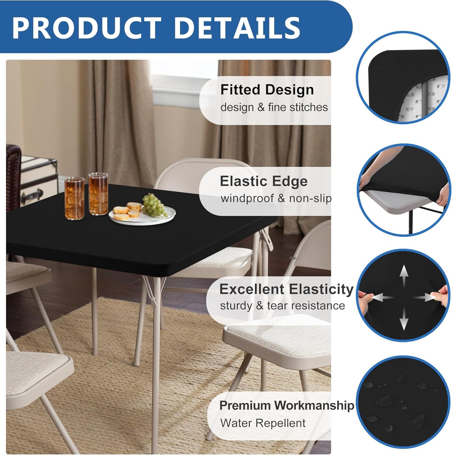 Square Fitted Tablecloth 34X34 Inch-2 Pack Black Card Elastic Spandex Table Cover-Small Stretch Folding Table Cloths Topper Cap for Kitchen Dining Picnic Patio Outdoor Party Tables