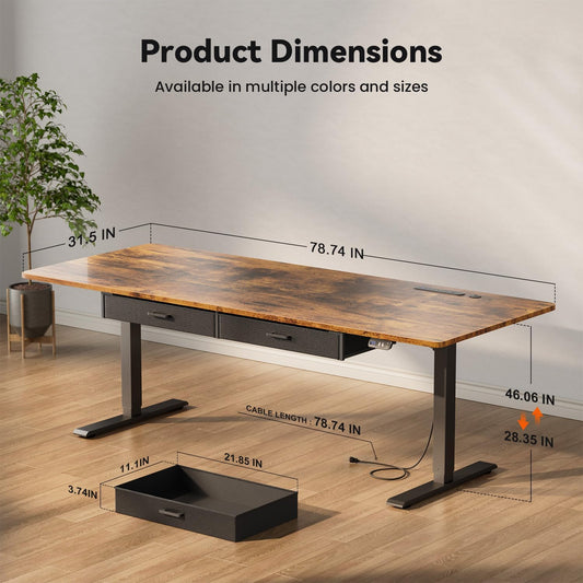 Electric Standing Desk, Extra Large 79 X 31.5 Inches Height Adjustable Table with Outlets, Sit Stand Computer Desk with Drawers for Home Office, Ergonomic Rising Workstation, Rustic Brown
