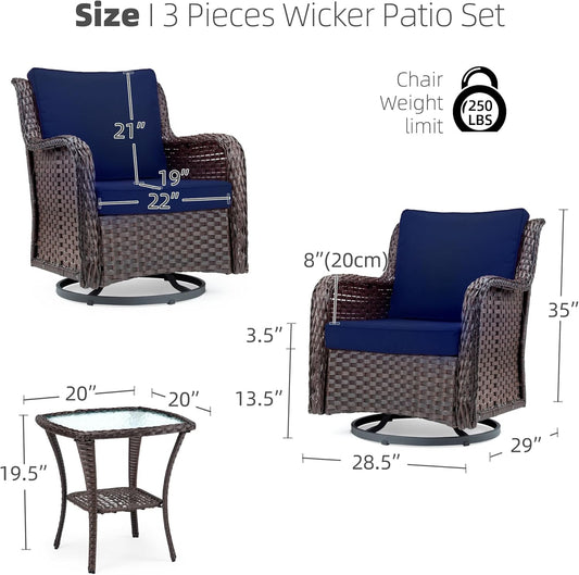 Outdoor Swivel Wicker Glider Patio Chairs with Table Set, 3 Pieces Outdoor Bistro Set with 4”Thick Cushions and Coffee Table for Porch, Balcony, Deck (Blue)