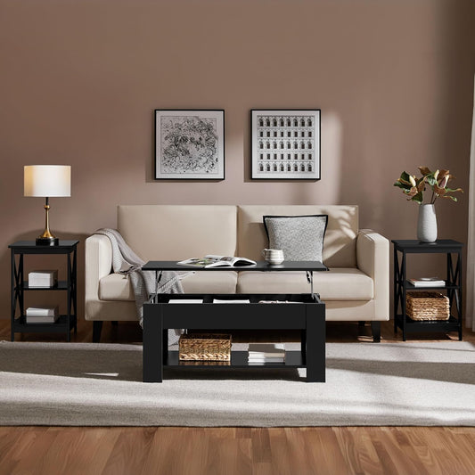 Modern Living Room 3 Pieces Table Sets, Lift Top Coffee Table and End Table Sets for Home and Office, Easy Assembly Accent Furniture with Hidden Compartment and Open Storage Shelf, Black