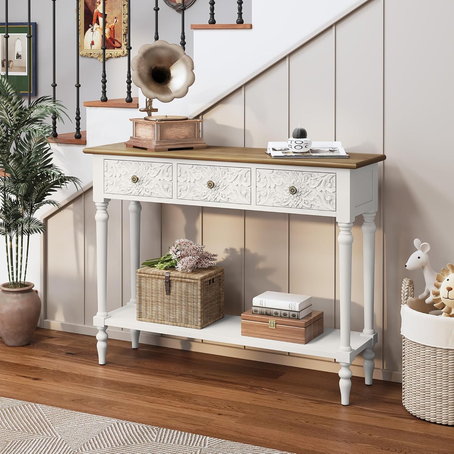 Entryway Console Table with 3 Drawers,42" Carved Hallway Table with Open Shelf,Long Sofa Table for Living Room, Hallway, behind Couch,Green