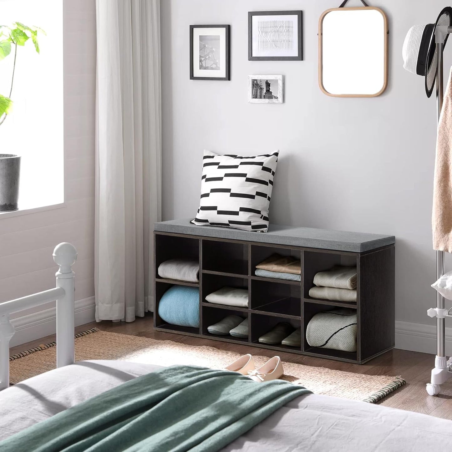 Shoe Bench Storage Bench Entryway Bench Shoe Storage Organizer, 11.8 X 40.9 X 20.7 Inches, with Cushion and 10 Adjustable Compartments for Living Room Entryway Hallway Bedroom