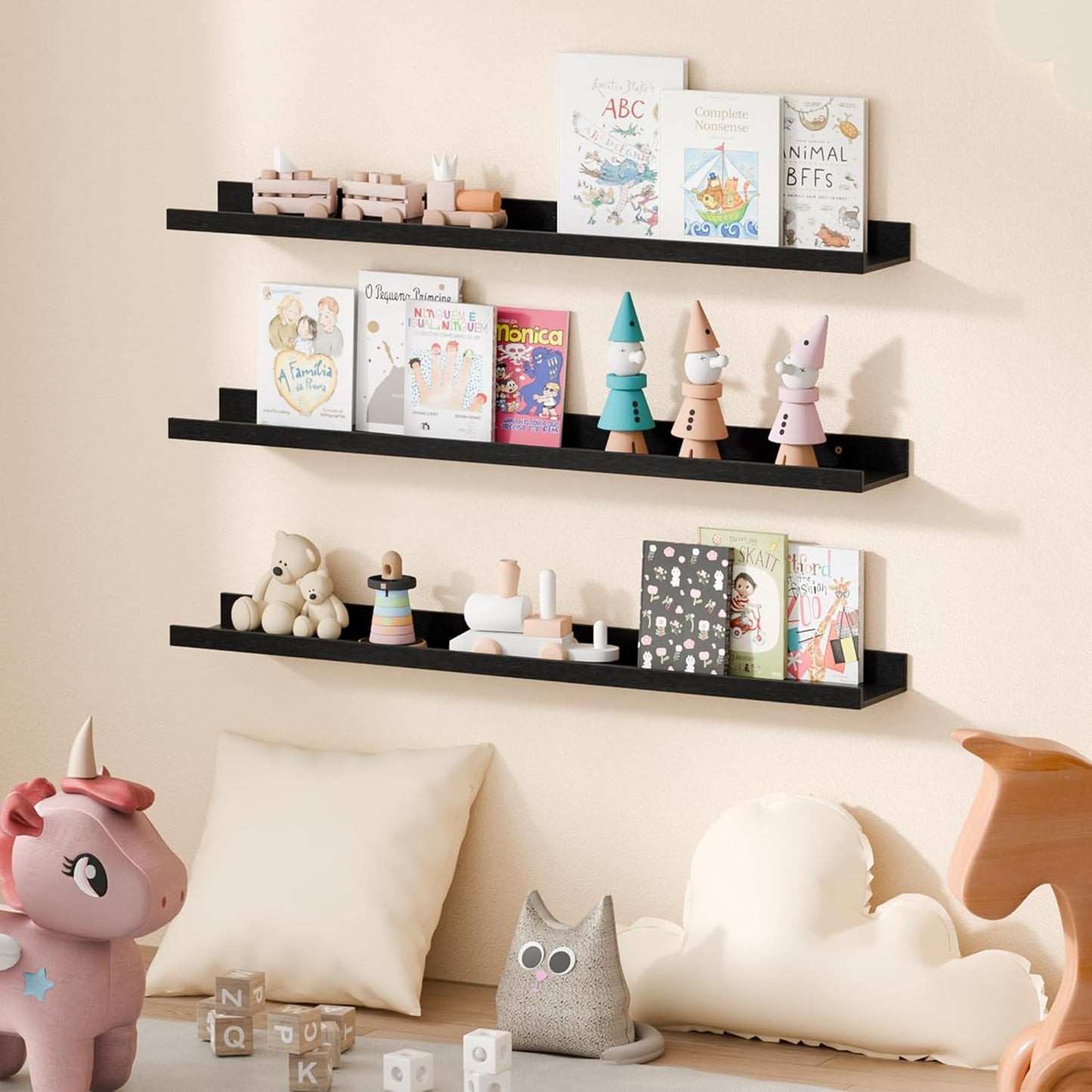 Black wall mounted wood floating shelves, set of 6, view 6