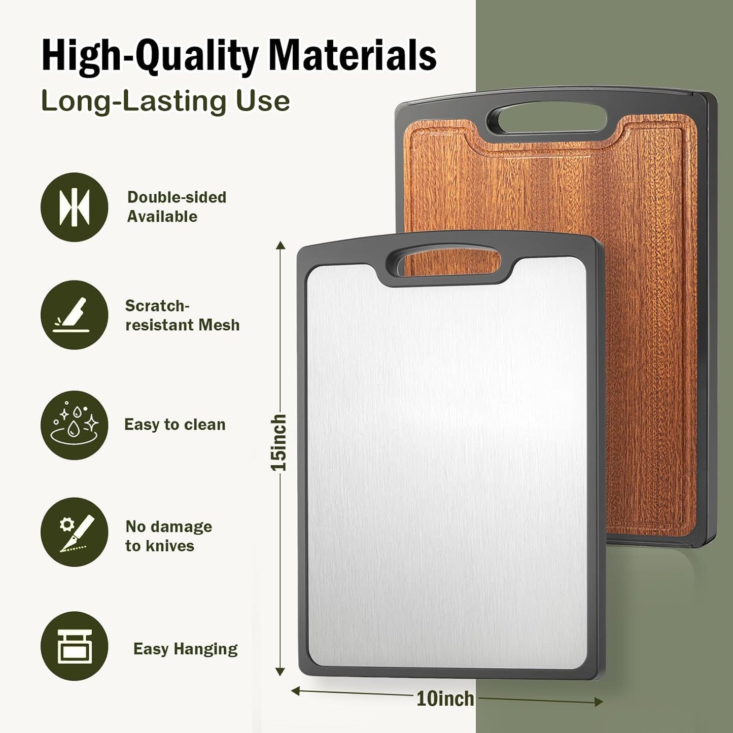Titanium Cutting Board Double Sided, 15” Wood Cutting Board for Kitchen, GR1 Titanium & Ebony Large Chopping Board for Meat with Juice Groove for Meat & Veggies