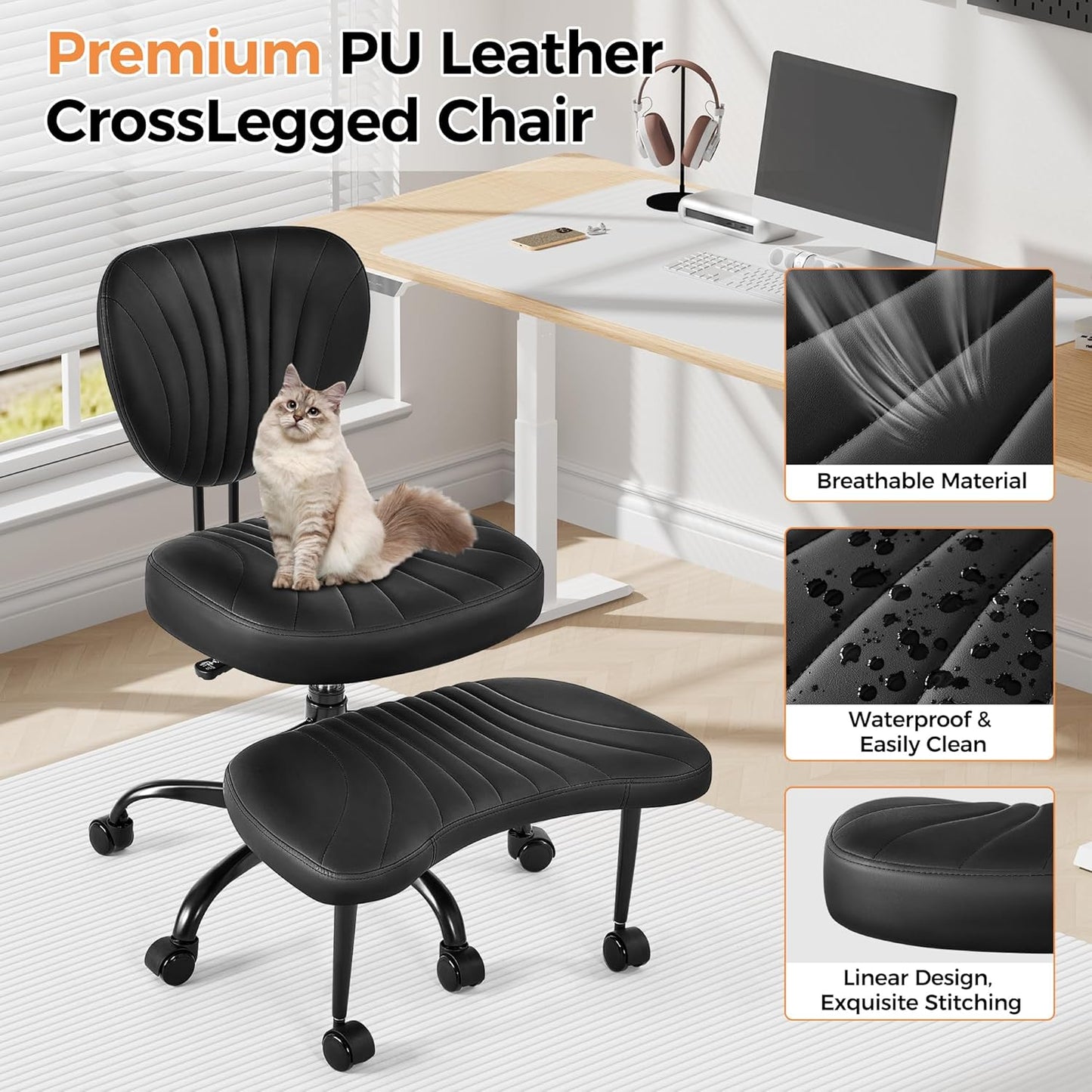 Cross Legged Office Chair, Ergonomic Criss Cross Chair with Wheels, 360° Swivel Height-Adjustable Meditation Chair for Yoga & ADHD, Wide Kneeling Chair with Strong Lumbar Support (Black) BPY01B