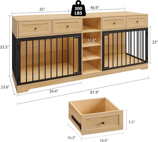 Double Dog Crate Furniture, 82'' Large Dog Kennel Indoor with 4 Drawers and Shelves, Heavy Duty Wooden Dog Crate TV Stand for 2 Large Medium Dogs, Natural