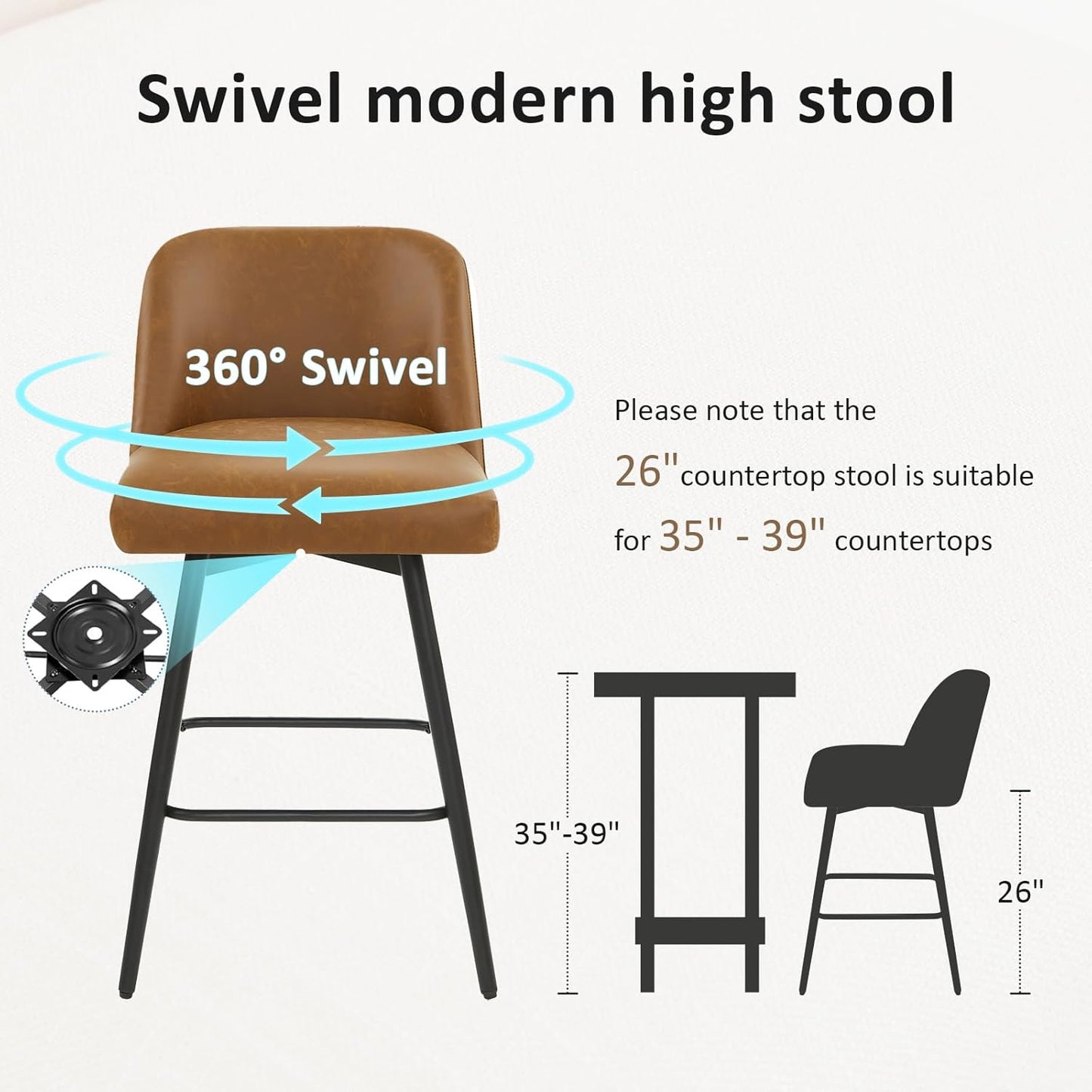 360°Swivel Counter Height Bar Stools Set of 2,Upholstered Morden Kitchen Barstools with High Backs,26" H Seat Height,Faux Leather (Faux Leather-Saddle Brown , 2 Pieces - 26" Counter Height)