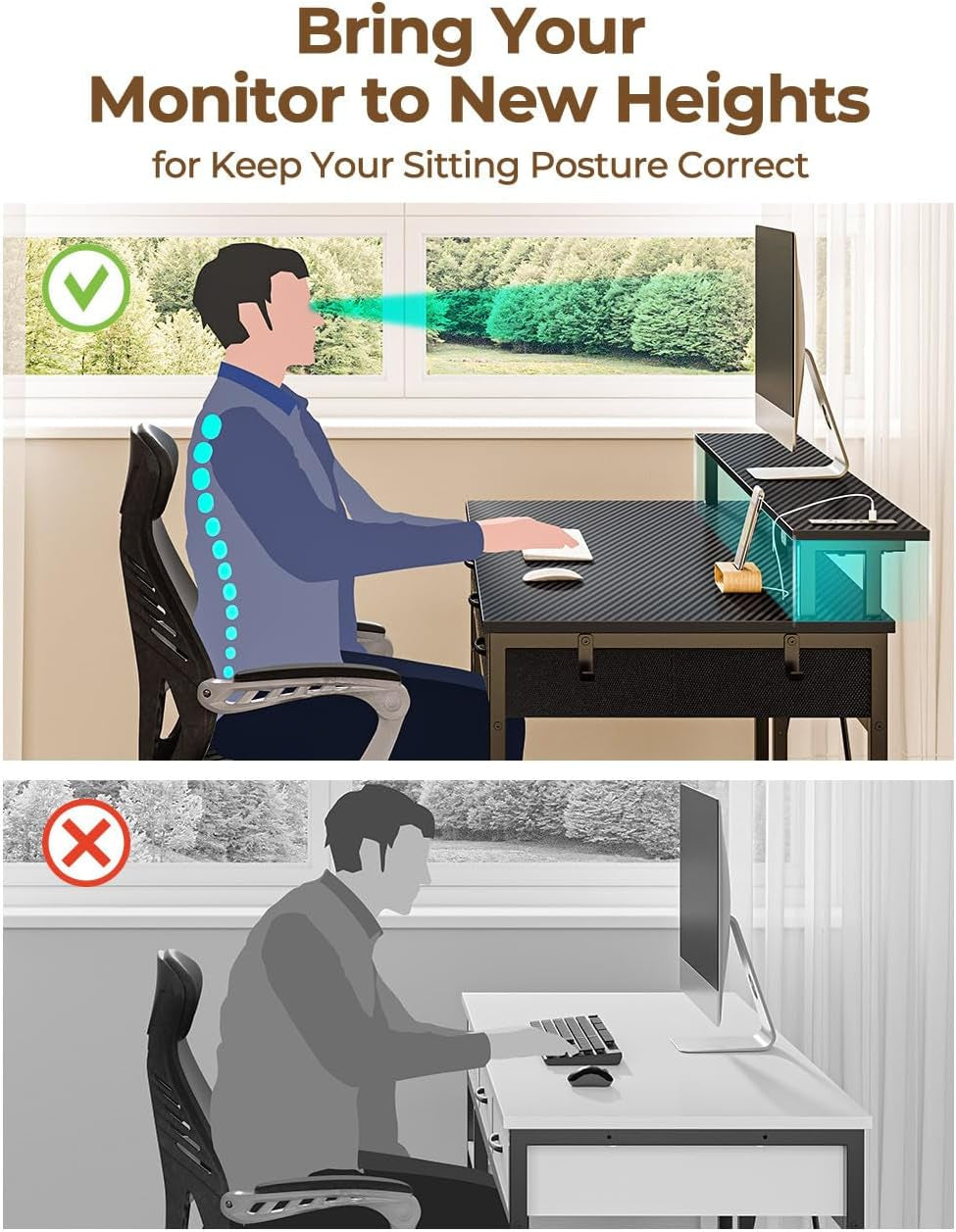 Computer Desk with Power Outlets & LED Light, 47 Inch Home Office Desk with 3 Drawers and Storage Shelves, Writing Desk with Monitor Stand, Modern Work Desk for Home Office, Carbon Black