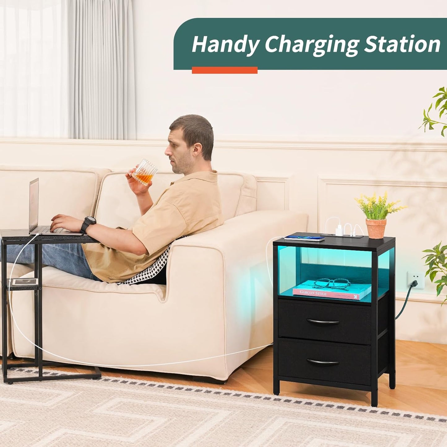Nightstand with Charging Station, LED Night Stand with Fabric Drawers and Storage Shelf for Bedroom, Nightstands Bedside Tables with USB Ports & Outlets, Small Night Stands, Bed Side Table