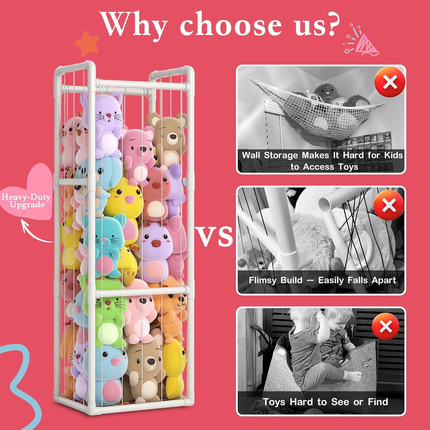 Large Stuffed Animal Storage Organizer - Vertical Zoo Cage & Toy Storage Organizer with Sturdy PVC Tubes - Space-Saving Plush Toy Holder for Kids Room Playroom - Easy Assembly & Fun Cleanup