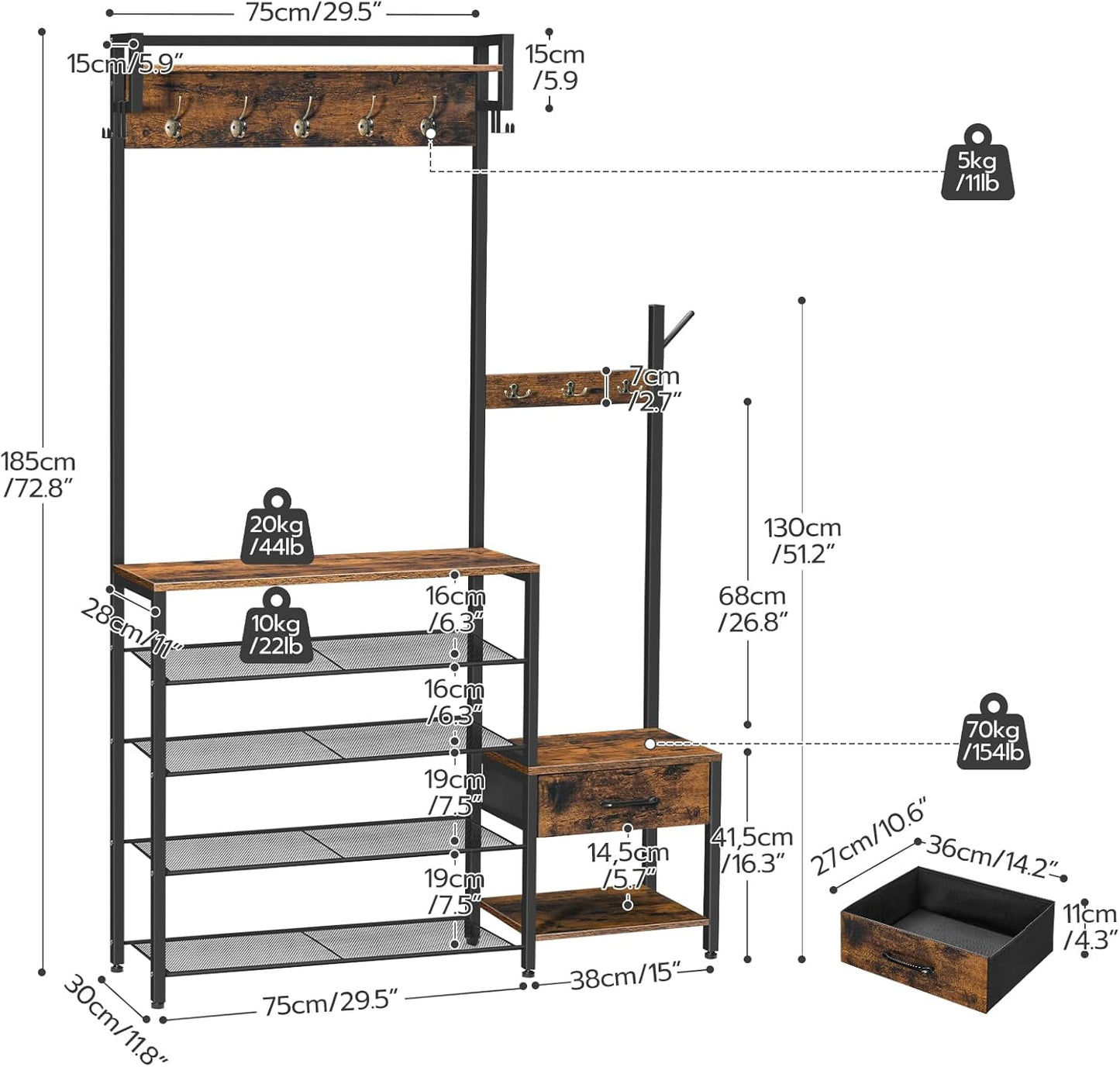 Hall Tree, Entryway Coat Rack Shoe Bench, Shoe and Coat Rack for Entryway, Hall Tree Coat Rack, with Non-Woven Fabric Drawer, for Entrance, Foyer, Rustic Brown and Black BF113MT01