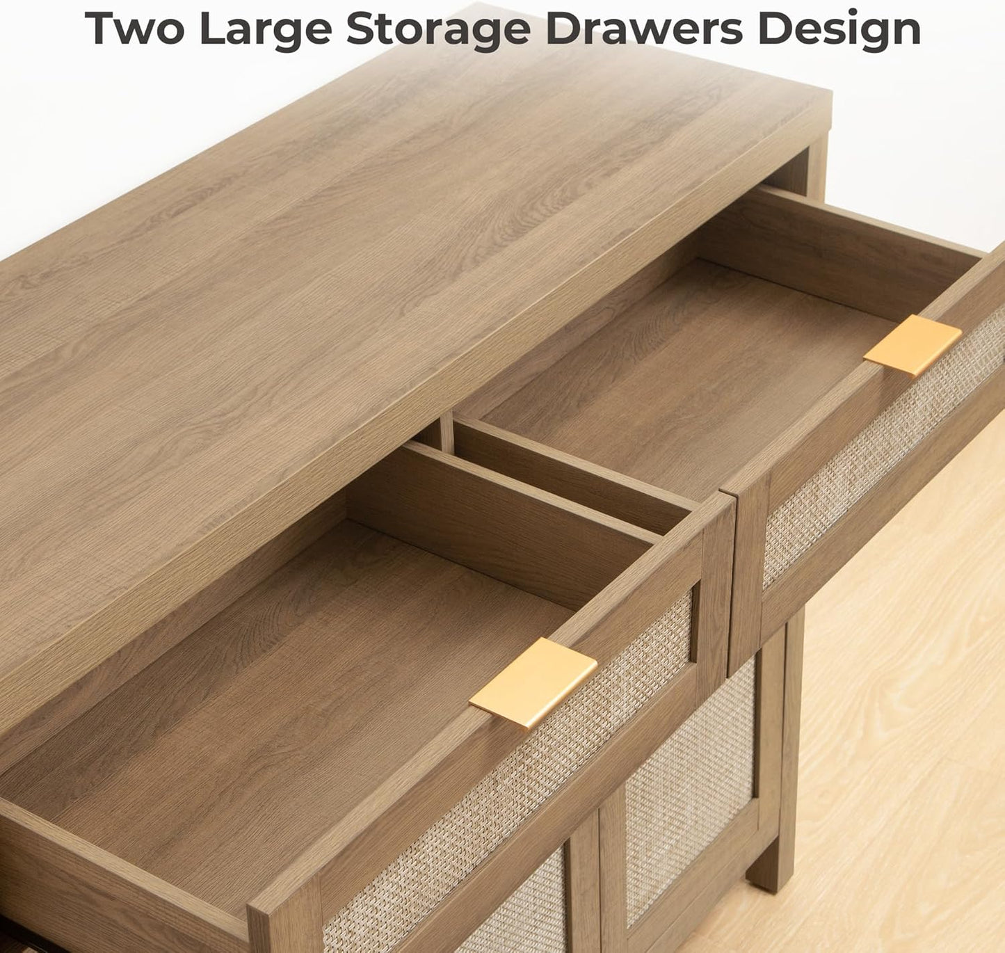 Rattan Sideboard Buffet Cabinet with Storage, Boho Credenza Accent Cabinet with 3 Doors and 2 Drawers, Farmhouse Console Coffee Bar for Kitchen, Living Room, and Entryway, Caramel Oak