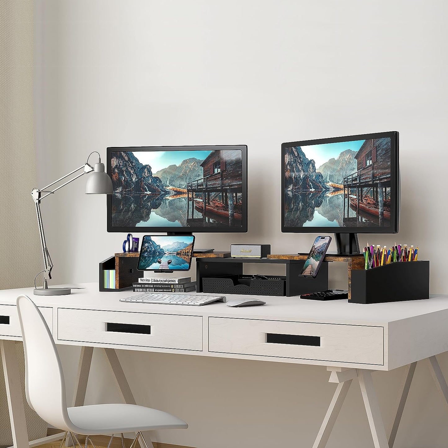 Desk Dual Monitor Stand Riser with Drawer, Rustic Brown