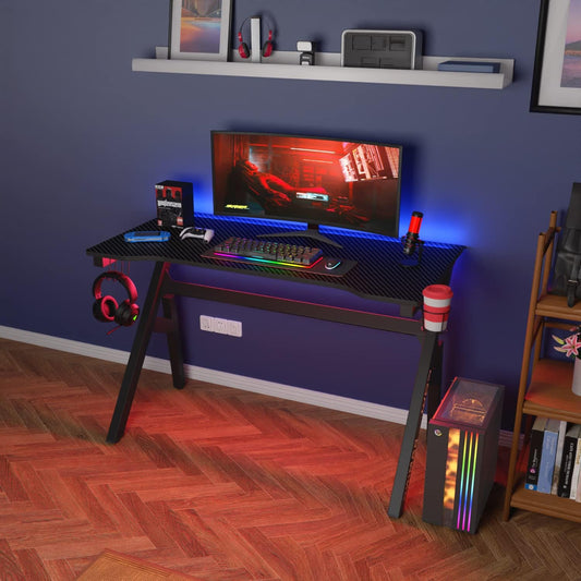 | 47" Gaming Desk | Red | Carbon Fiber Textured Computer Desk | Sturdy Steel Frame, Cup Holder, Headphone Hook, Cable Management Holes, Adjustable Leg Pads | for Gamers, Home, Office