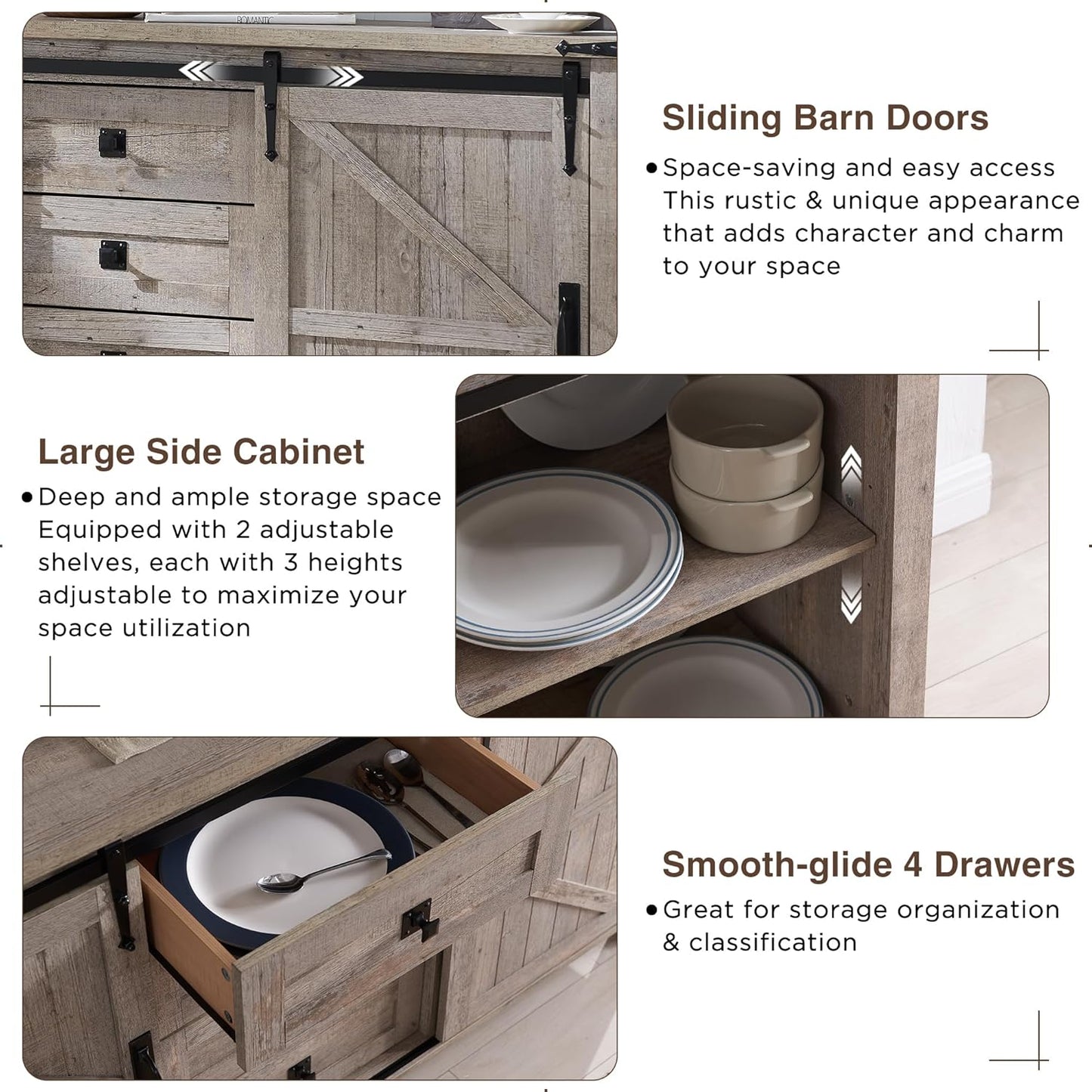 Farmhouse Sideboard Buffet Cabinet with Storage, 60" Large Kitchen Cabinet W/Sliding Barn Doors and 4 Drawers, 31.2'' Tall Rustic Wood Coffee Bar Table for Dining Room, Light Rustic Oak