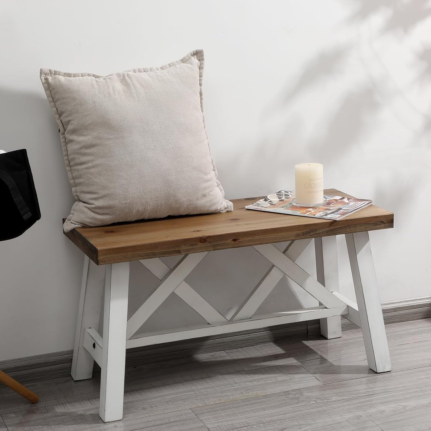 30" Farmhouse Wood Bench, Rustic Solid Wood Entryway Bench Seat with Double X-Structure for Dining Room, Living Room, Hallway, Structural Stability, White