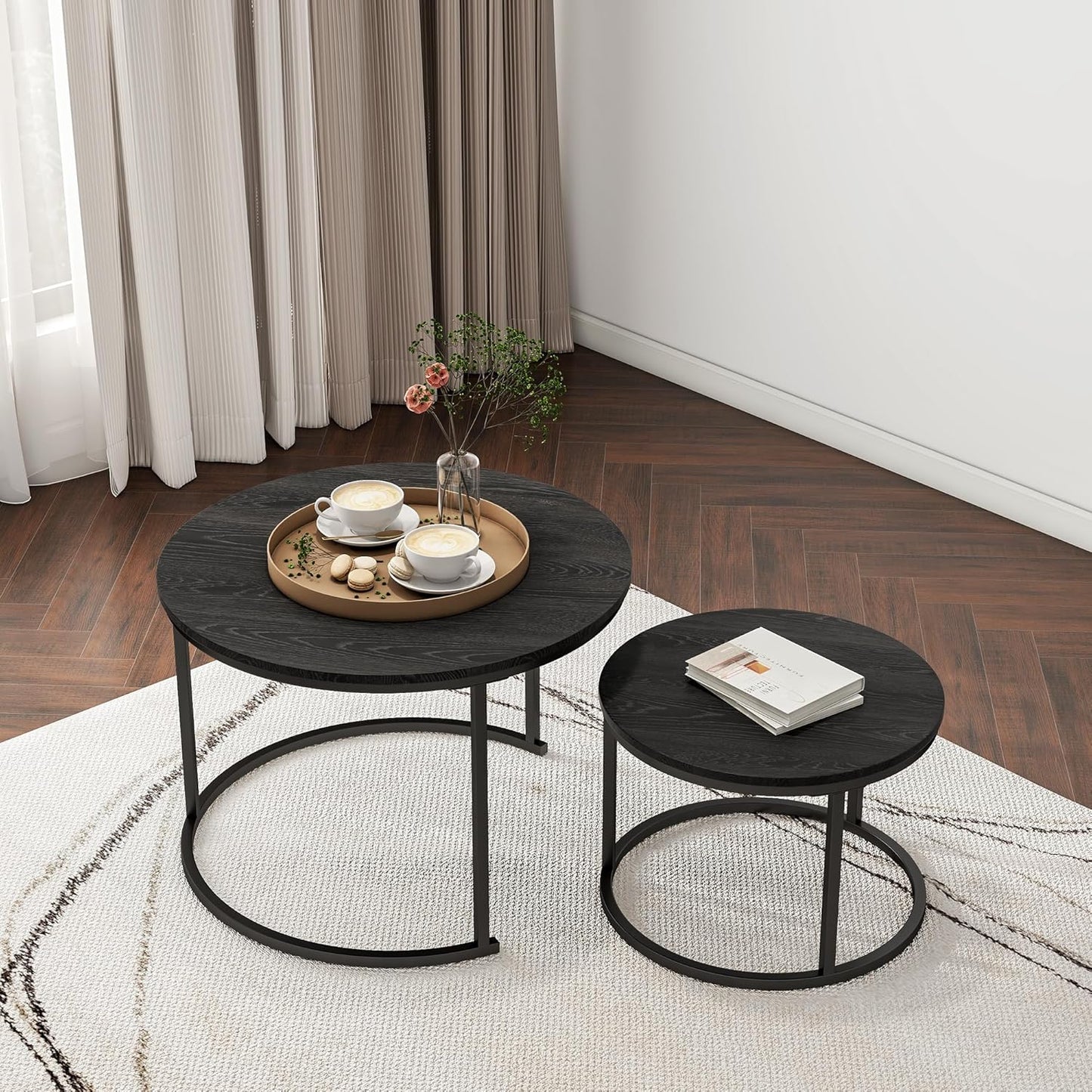round Coffee Table,Nesting Coffee Table Set of 2,Center Tables for Living Room,Office, Home Small Space,Stacking Side Tables,Sturdy and Easy Assembly,Wood Desktop,Black,Large