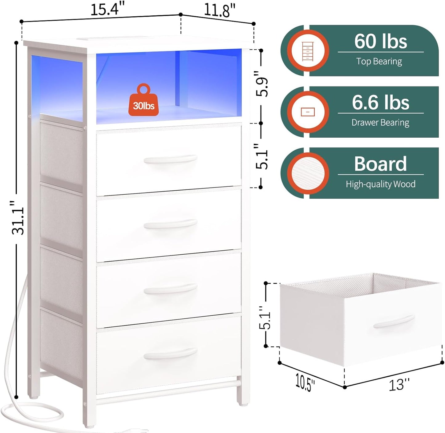 Night Stand - LED White Nightstand with Charging Station, Bedside Table with 4 Storage Drawers and Storage Shelf, End Table with USB Ports and Outlets, Tall Dresser for Bedroom
