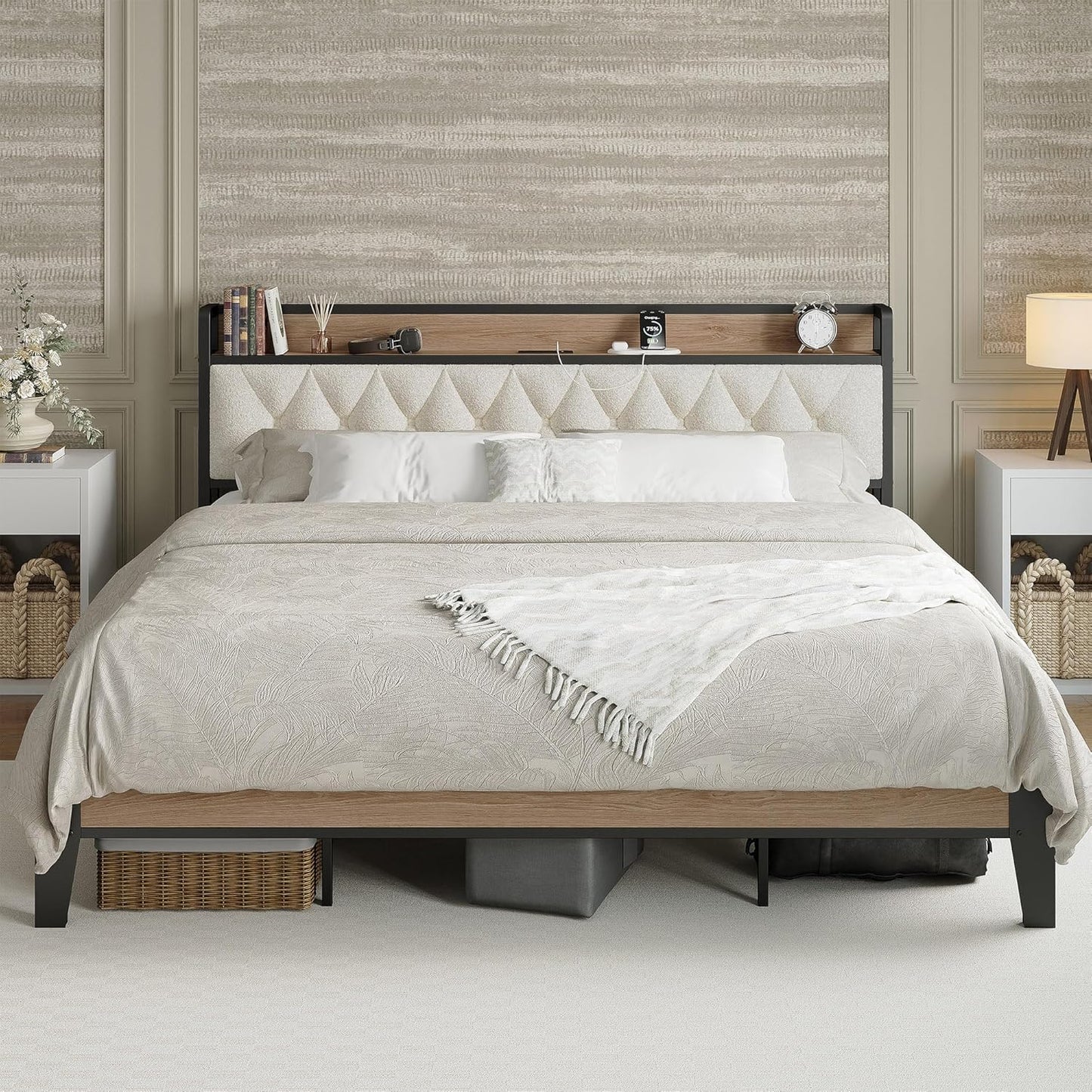 Twin Size Bed Frame, Storage Headboard with Charging Station, Platform Bed Frame with Strong Metal Support, Sturdy and Stable, Noise Free, No Box Spring Needed, Easy Assembly