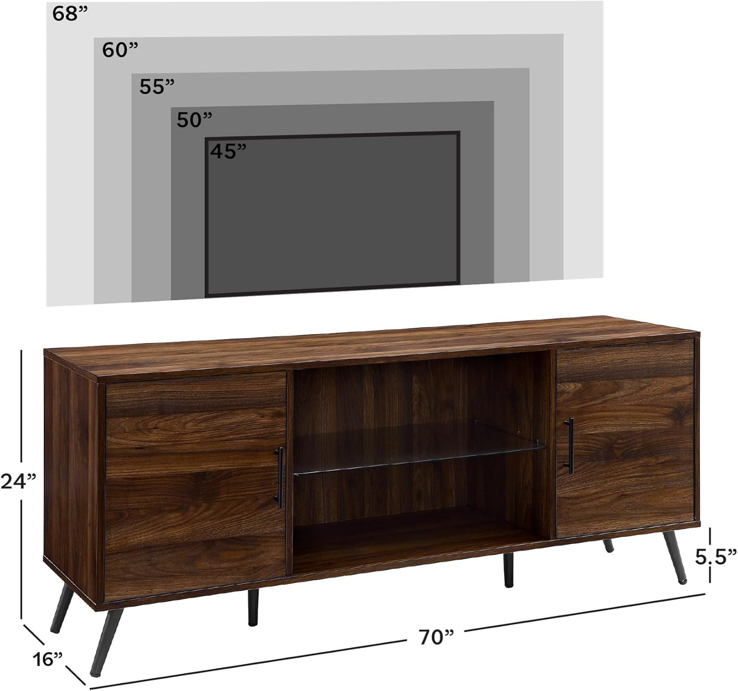 Saxon Mid Century Modern Glass Shelf TV Stand for Tvs up to 65 Inches, 60 Inch, Walnut