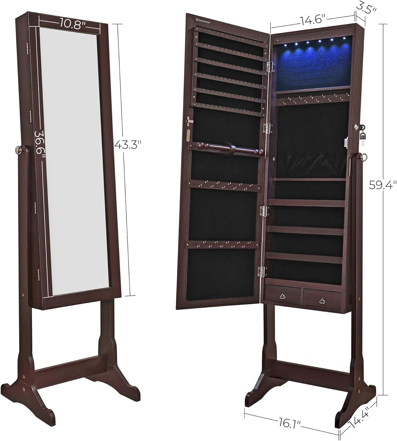 Jewelry Cabinet with 6 LED Lights, Lockable Mirrored Jewelry Armoire Organizer, 2 Drawers, Brown UJJC94K
