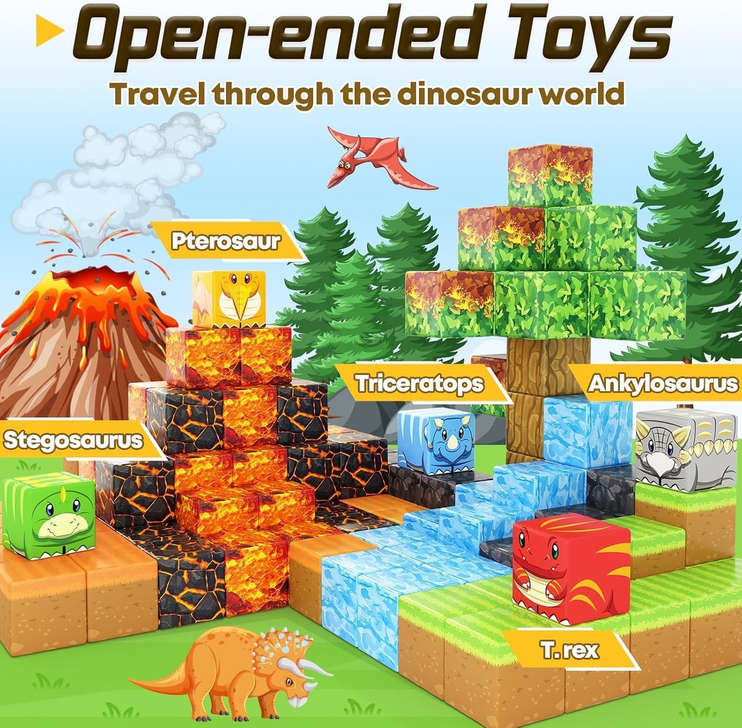 Dinosaur Toys Magnetic Blocks-Build Mine Magnet World Volcano Edition Kids Toy for 3+ Year Old Boys and Girls Building Blocks Toddler Toys Games through Jurassic Learning Sensory Toy Gifts