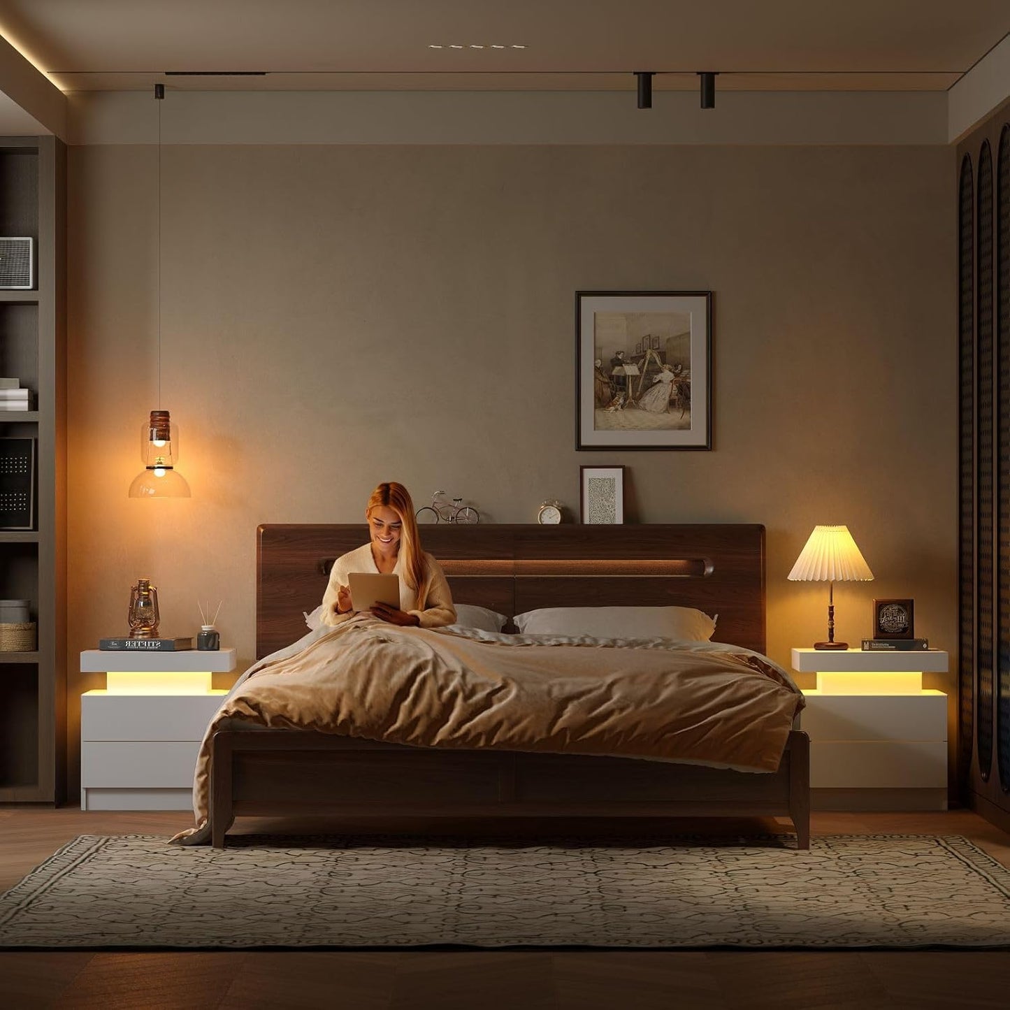 Nightstand Set of 2 LED Nightstand with 2 Drawers,Night Stand Set 2 with LED Light,Bedside Table with Drawers for Bedroom,White