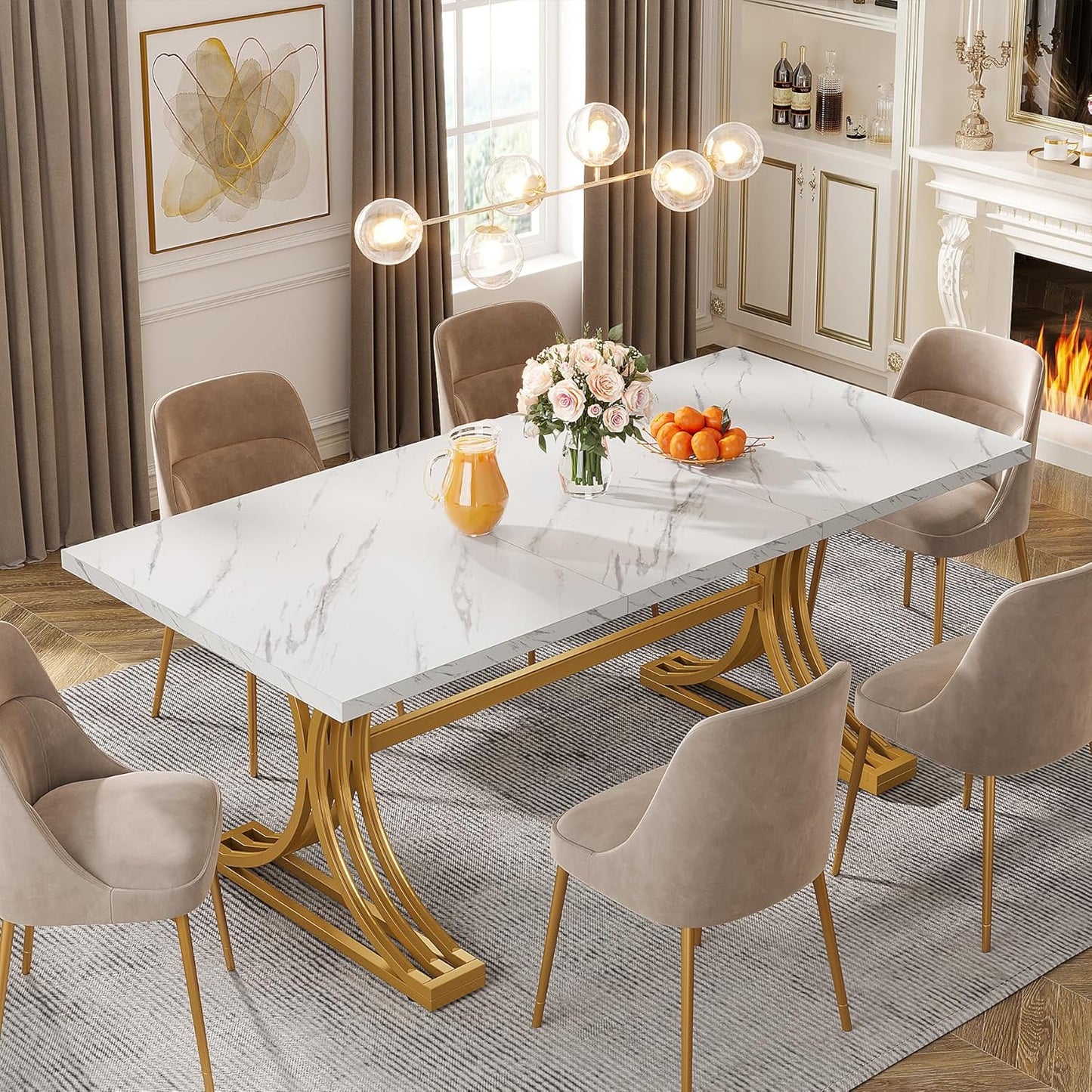 63-Inch Rectangular Dining Table for 4 to 6, Modern Kitchen Table with Stylish Metal Trestle Legs, Large Dinner Table for Dining Room, Chair Not Included (White+Gold)