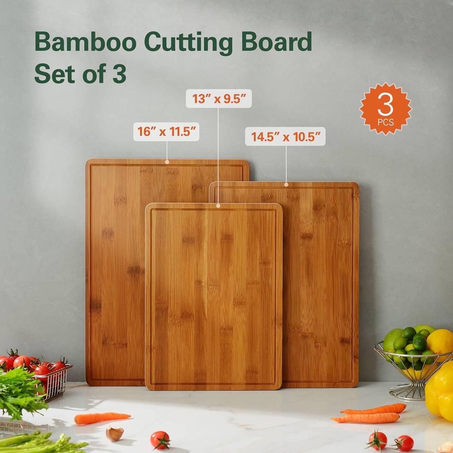 Carbonized Bamboo Cutting Boards for Kitchen, XL Durable Wood Cutting Board with Juice Grooves and Handles, Set of 3 Solid Charcuterie Board for Meal Prep & Serving (13X9.5, 14.5X10.5, 16X11.5)