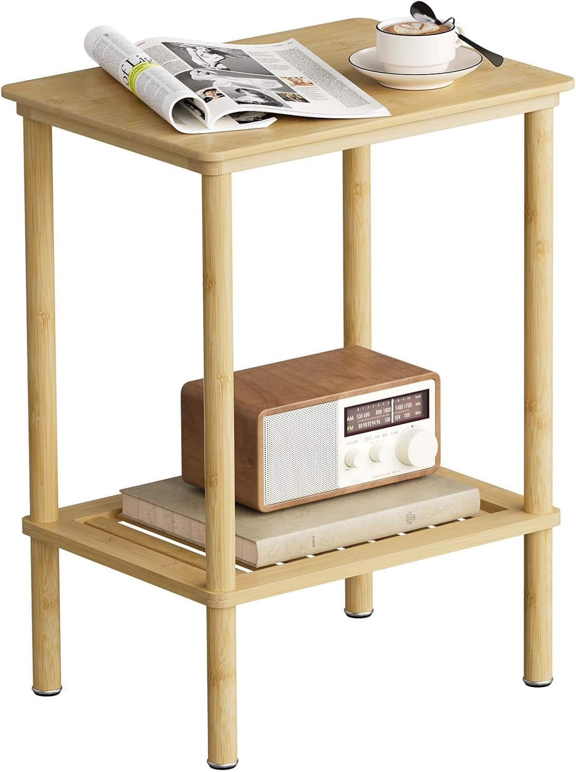Bamboo Side Table, Small Bedside Table, 2 Tier End Table with Open Shelf, 21.5 Inch Tall Narrow Couch Table, Boho Natural Nightstand, Entryway Table, Accent Table, Home Decor for Living Room, Bathroom