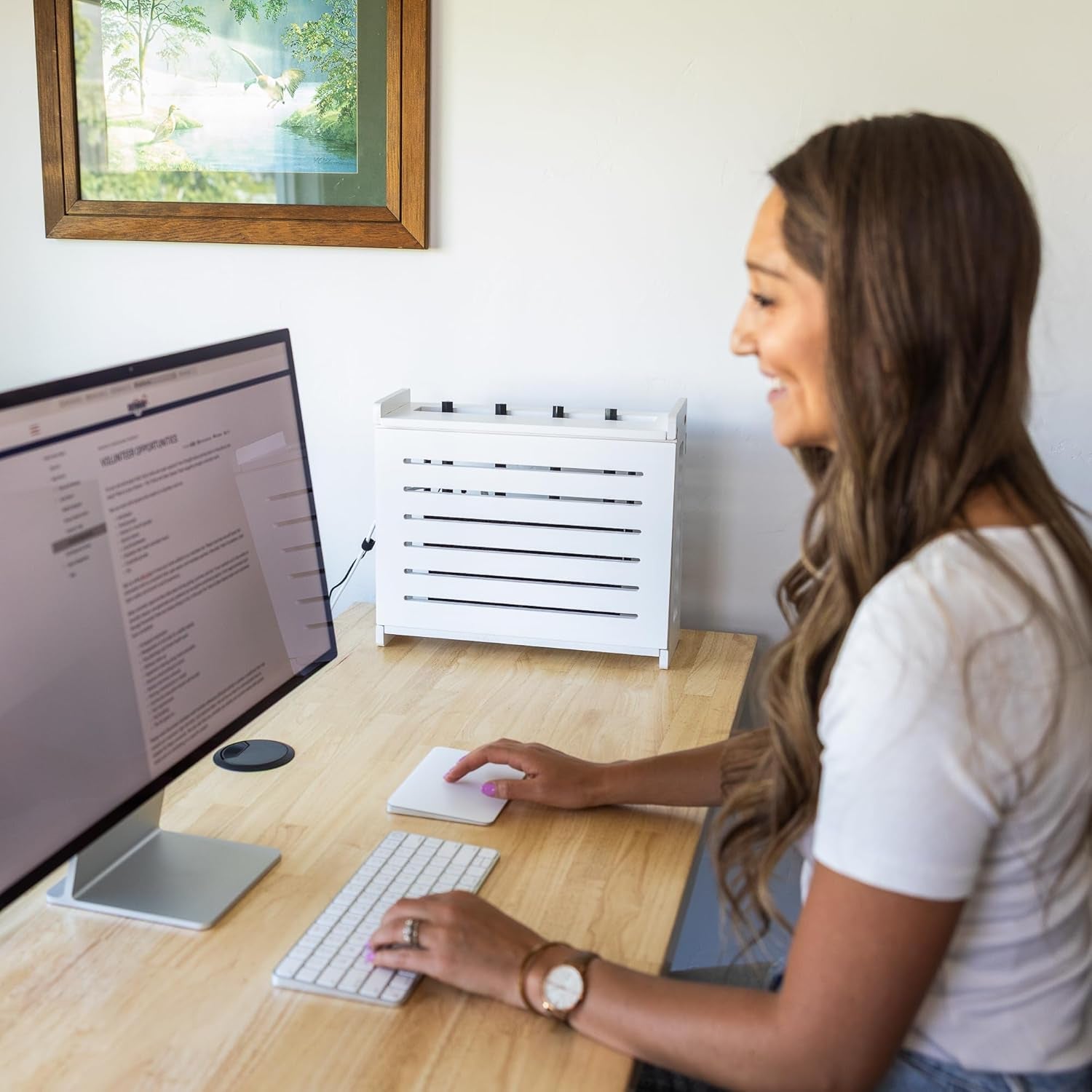 Wooden Wifi Router Storage Box - Standard Wall Mountable Decorative Modem Shelf Hider Cover with Cable Management System - Rustic Home Organization Solution for Most Routers up to 11" Tall - White