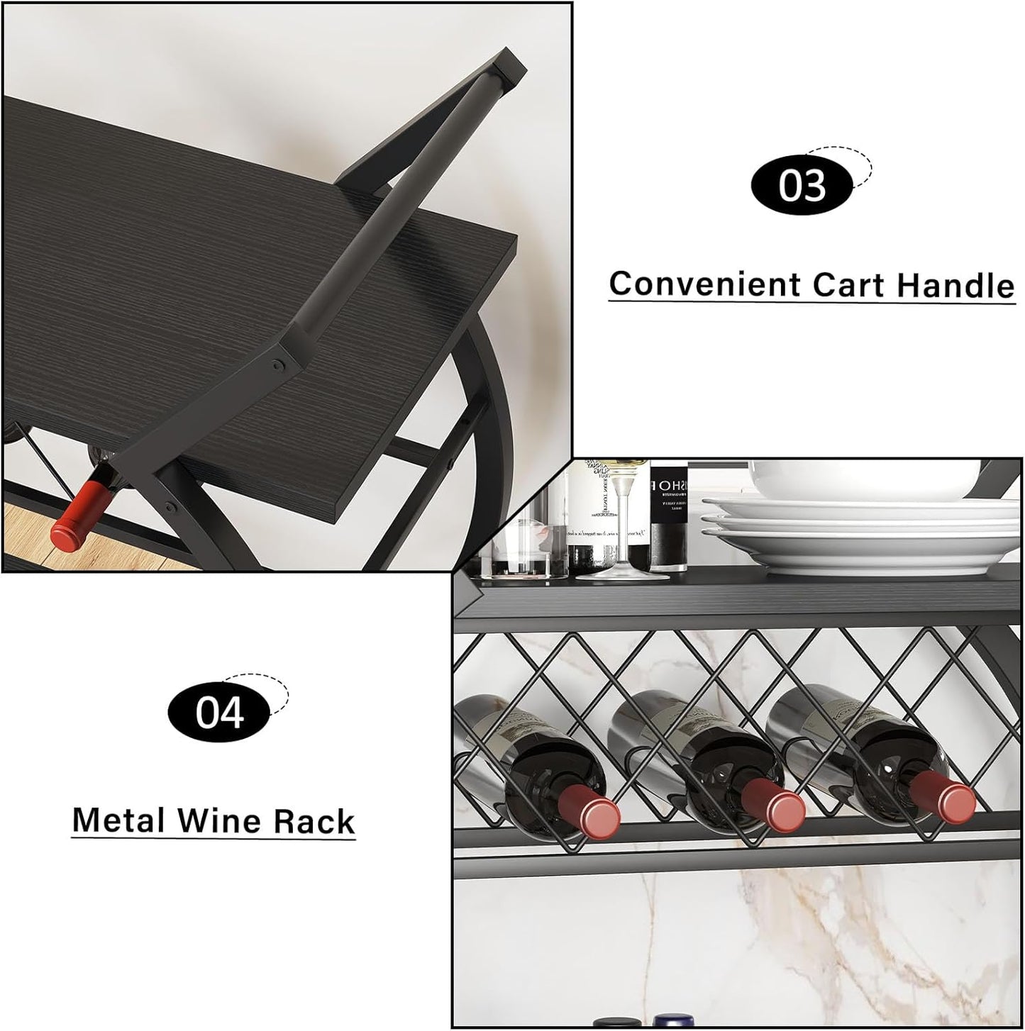 Black Wine Cart with Wheels, Modern Bar Cart with Wine Rack, Industrial Beverage Rolling Kitchen Serving Cart with Storage, Metal Wooden Microwave Drink Liquor Cart for Home Dining Room, Black Oak