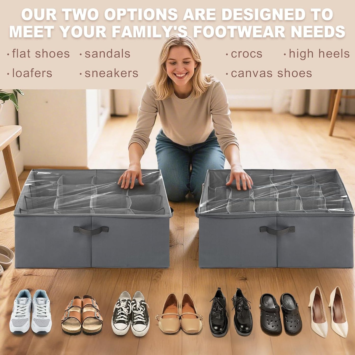 16-Cell Shoe Organizer for Closet (2-Pack) | Large Collapsible Fabric Cube Storage Boxes with Clear Cover | Fits up to 16-32 Pairs Sandals/Sneakers | Space-Saving for Bedroom & Small Spaces